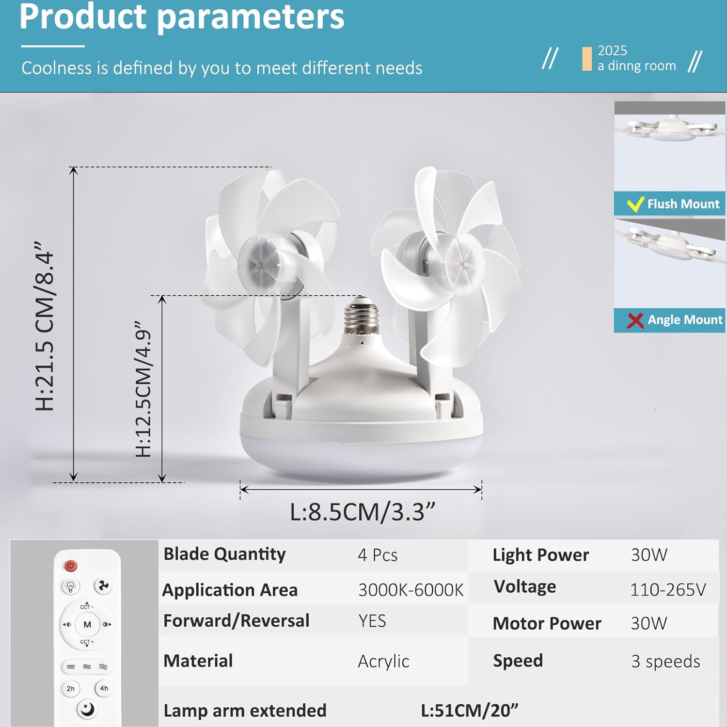 Bayonet Led Ceiling Fans with Lights and Remote 3
