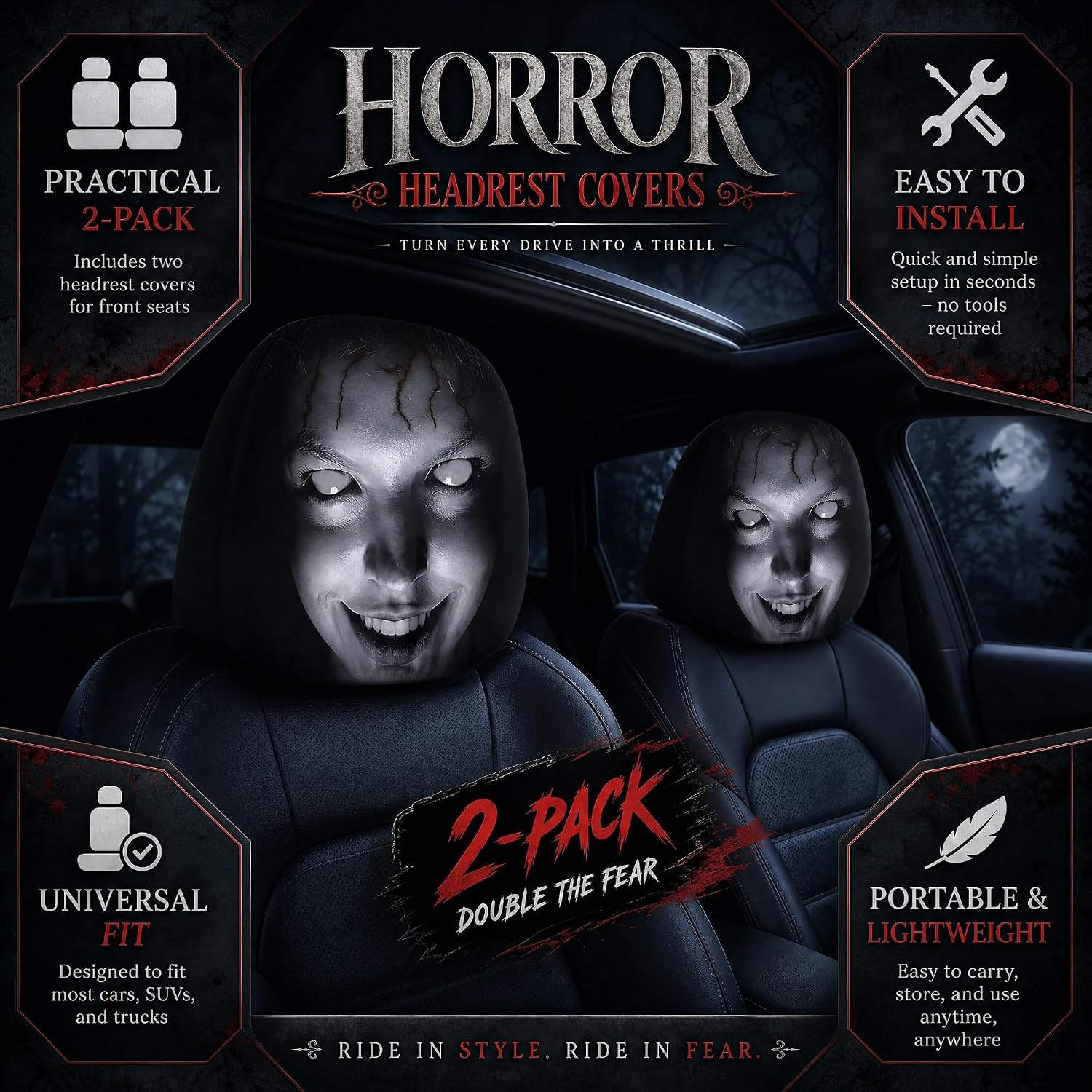 2 Pack Scary Headrest Covers for Cars